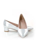 WERONICA - Srebrne czółenka na niskim obcasie z licowej skóry - obrazek 3